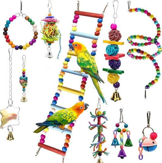 KFX-1232189 Wooden Parrot Toy Set with 7 Accessories for Birds - Swing, Perch, and More
