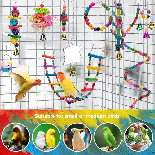 KFX-1232189 Wooden Parrot Toy Set with 7 Accessories for Birds - Swing, Perch, and More