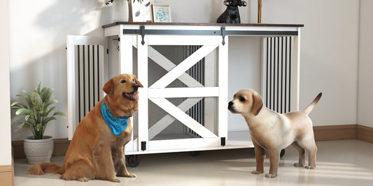 KFX-1238717 Multi-Functional Mobile Dog Crate with Flip-Top Feeding Door, Dual Access, 5 Caster System and Side Hooks
