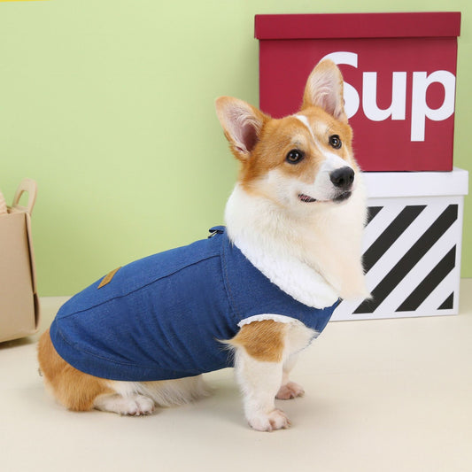 KFX-1239101 Denim Cotton Dog Coat in Dark Blue and Light Blue for Corgis, Available in Multiple Sizes