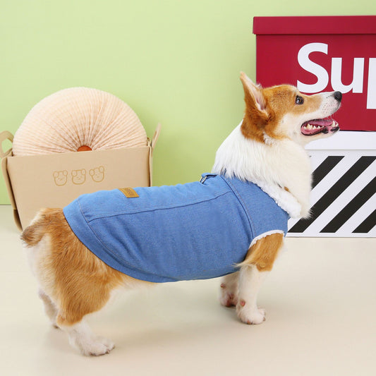 KFX-1239101 Denim Cotton Dog Coat in Dark Blue and Light Blue for Corgis, Available in Multiple Sizes