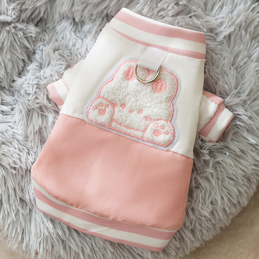 KFX-1266237 Cozy Winter Dog Jacket with Bunny Embroidery and Integrated Leash Ring for Small to Medium Pets