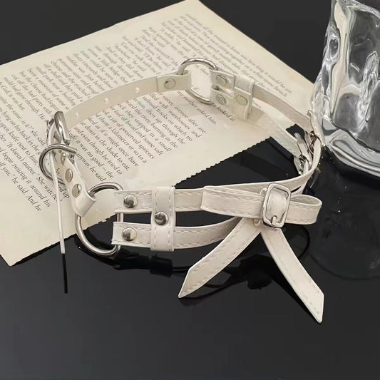 KFX-1270077 Cool White Bow Alloy Leather Necklace for Unisex