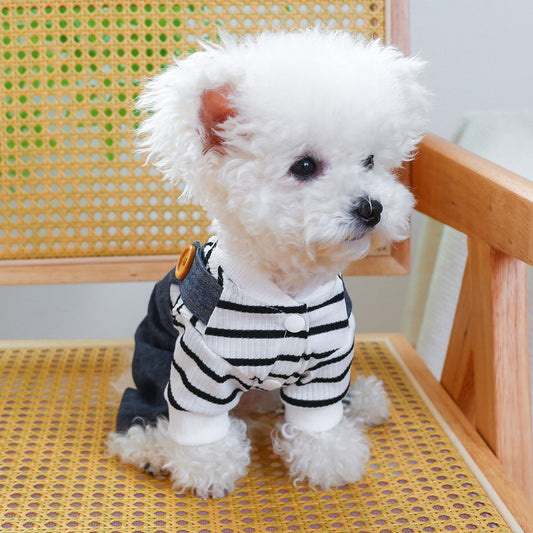 KFX-1287101 Stylish Bear Jeans Black and White Striped Suspender Pants for Pets