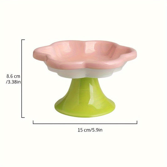 KFX-1297725 Raised Ceramic Cat Bowl with Flower Design for Food and Water, Neck Support, 15.5 x 8.6 cm