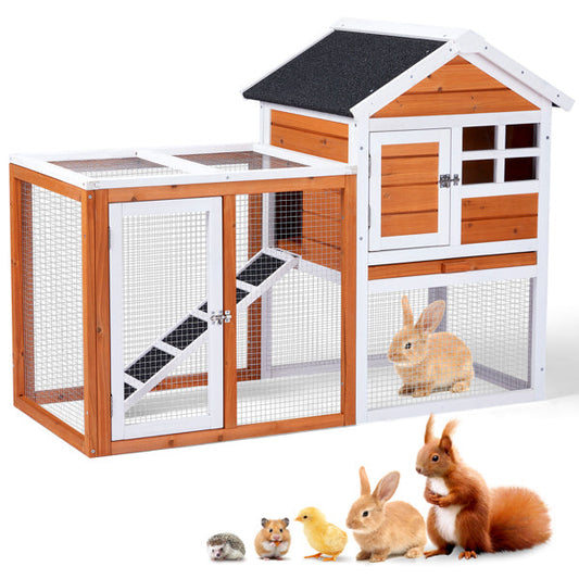 KFX-1298109 Wooden Chicken Rabbit Cage with Run and Removable Upper Tray in Orange-Red