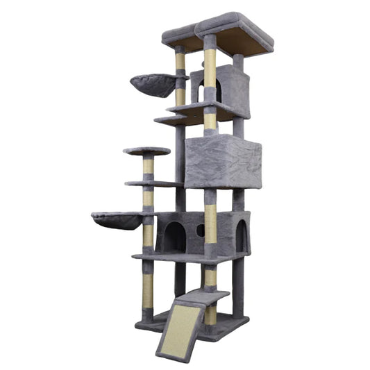 KFX-1321149 Dark Gray Cat Tree Tower with Wide Base, 3 Large Condos, 11 Scratching Posts, 2 Hammocks, and Interactive Toy