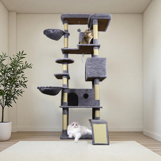 KFX-1321149 Dark Gray Cat Tree Tower with Wide Base, 3 Large Condos, 11 Scratching Posts, 2 Hammocks, and Interactive Toy