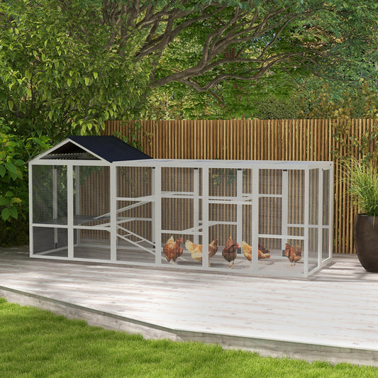 KFX-1330877 Wooden Chicken Coop Run for 6-10 Chickens with Storage, Perches and Lockable Door - 141.75" x 48" x 61" Gray