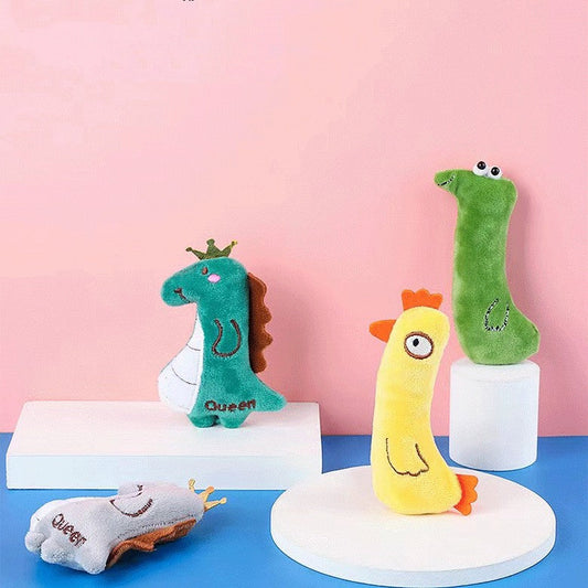 KFX-1353917 Bite-Resistant Catnip Plush Toy - Green Snake, Yellow Cockerel, Gray and Dark Green Dinosaurs, White Penguin