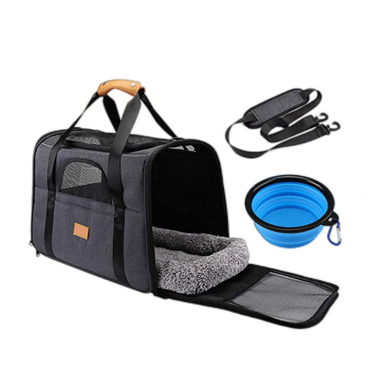 KFX-1356477 Portable Folding Pet Carrier for Cats and Dogs - Breathable Cloth Design, Medium Hardness, Black Gray Color