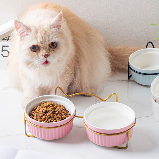 KFX-1360189 Sky Blue, Gorgeous Pink, Elegant White Ceramic Double or Single Bowl Pet Water Feeder with Bracket