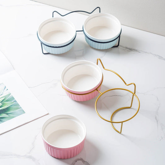 KFX-1360189 Sky Blue, Gorgeous Pink, Elegant White Ceramic Double or Single Bowl Pet Water Feeder with Bracket