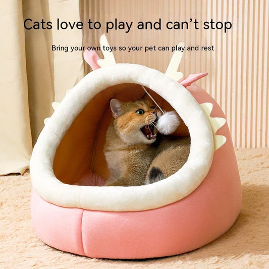 KFX-1365821 Cozy Semi-Enclosed Cat Nest for Winter Warmth - Available in Pink, Gray, and Green