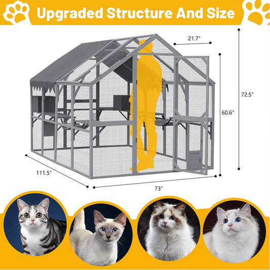 KFX-1367357 Large Outdoor Cat House and Cat Fence with Upgraded Waterproof Cover - Gray