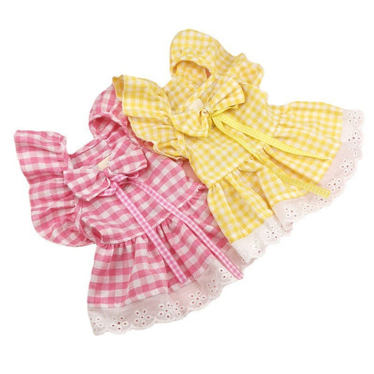 KFX-1397309 Plaid Lace Dog Skirt with Fly Shoulder Sleeve in Yellow, Pink, and Blue - Sizes XS to XL