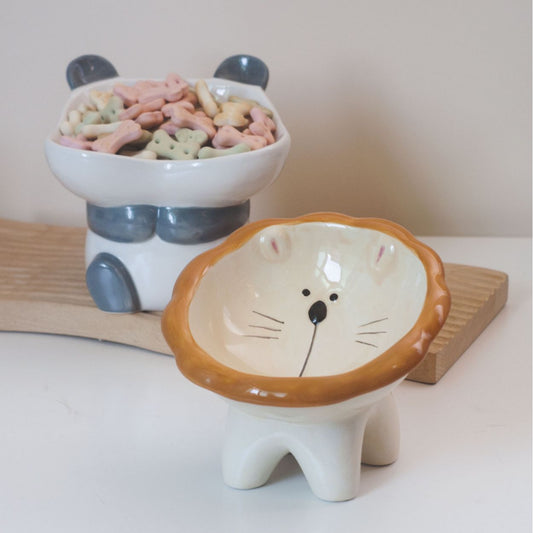 KFX-1415997 Cute Cartoon Ceramic Pet Bowl - Lion, Sheep, Panda, Blue Donut, Yellow Donut Design