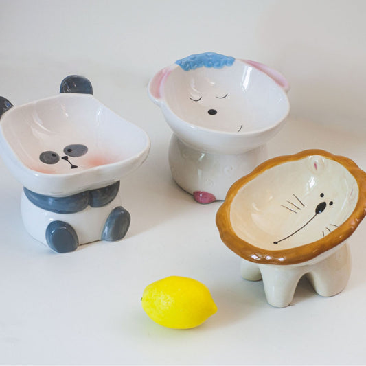 KFX-1415997 Cute Cartoon Ceramic Pet Bowl - Lion, Sheep, Panda, Blue Donut, Yellow Donut Design