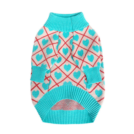 KFX-1423549 Warm Blue Peach Heart Sweater for Pugs, Teddies, Bichons, Schnauzers, Shiba Inus - Casual Dog Jacket in Various Sizes