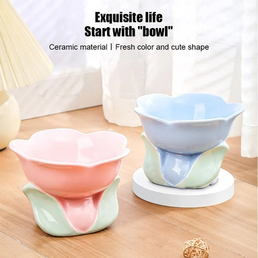 KFX-1438525 Elevated Ceramic Pet Bowl with Floral Design for Comfortable Feeding for Cats and Small Dogs