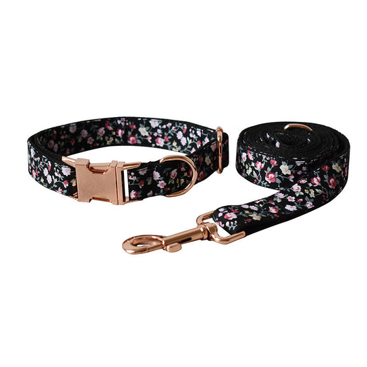 KFX-1485117 Durable Black Flower Polyester Pet Leash and Collar for Dogs and Cats, Adjustable Sizes S-XL