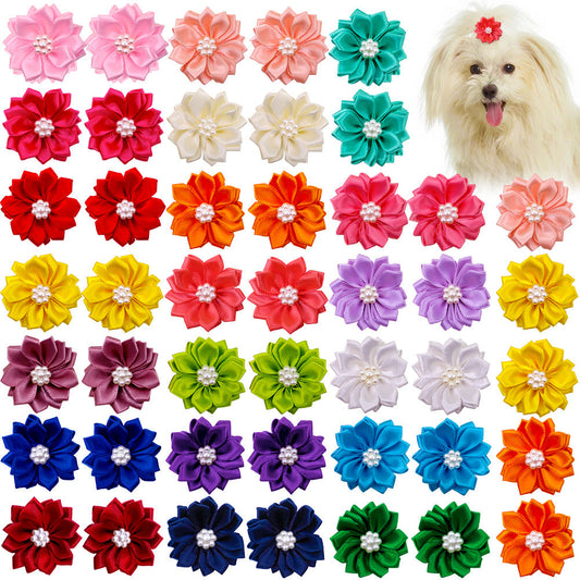KFX-1534397 Flower Bow Rubber Bands for Pets - Japanese and Korean Style, 50pcs, Decorative Cloth Pet Accessories