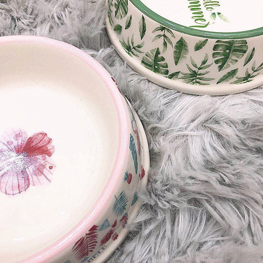 KFX-1551037 Tropical Rainforest Flamingo Ceramic Pet Bowl - Medium Size for Daily Use