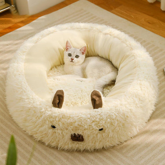 KFX-1554109 Cozy White Alpaca Pet Bed for Dogs and Cats with Detachable Plush Pads and Anti-Slip Bottom