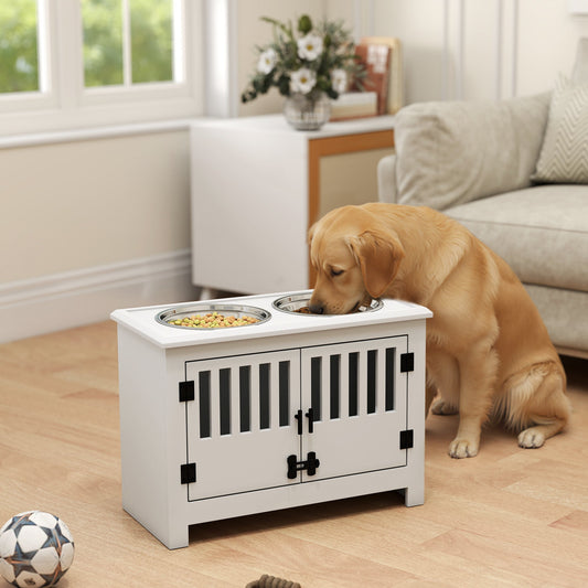 KFX-1556797 Dog Feeding Station with Storage Cabinet & Stainless Steel Bowls, White