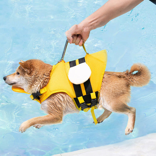 KFX-1564733 Cute Animal Shape Dog Life Jacket in Yellow Bee, Red Crab, White Swan Wings, Green Dinosaur, Blue-Yellow Stitching – Sizes XS to XXL