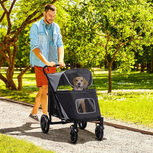 KFX-1579325 Dog Stroller for Medium to Large Pets, Foldable, Shock Absorbing with Storage Pockets, Safety Features, Gray