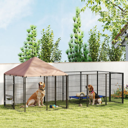 KFX-1593021 Spacious Outdoor Dog Kennel with Adjustable Bowls and UV-Resistant Canopy, 11.3' x 4.7' x 5.1'