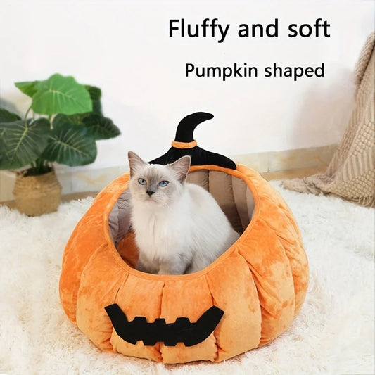 KFX-1602365 Cozy Cartoon Pumpkin Pet Bed for Cats and Small Dogs - Soft Plush Nest for Fall and Winter