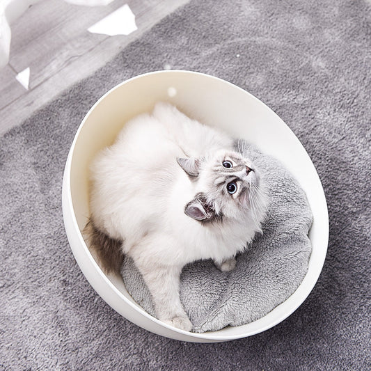 KFX-1616445 Stylish White Wood Grain Plastic Open Cat Nest for Cozy Relaxation