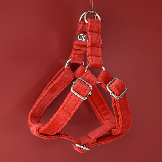 KFX-1627197 Red Flannel Adjustable Dog Harness with Gold Buckle and Matching Leash