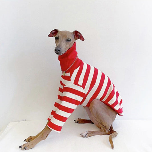 KFX-1639997 High Collar Striped Red and Black Cotton Stretch Dog Outfit for All Seasons