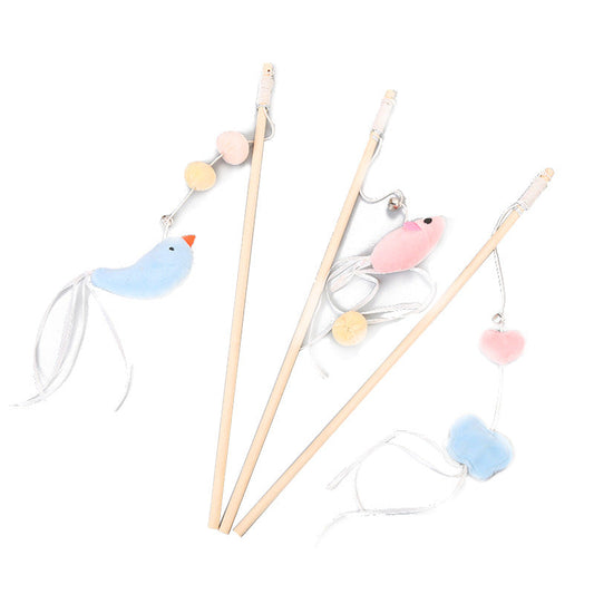 KFX-1652413 Funny Cat Stick with Flexible Elastic Rope and Bird Bell - Lightweight Wooden Toy for Playtime Fun