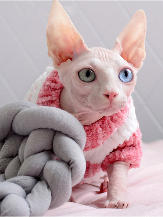 KFX-1652925 Warm Cotton Sweater for Hairless Cats in Navy, Pink, and Blue Stripes