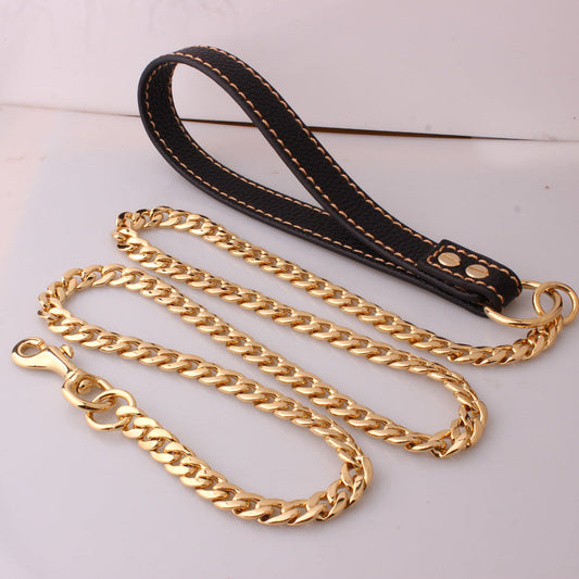 KFX-1654717 Gold Stainless Steel Full Welded NK Chain Leather Traction Leash - Brown & Black Options Available