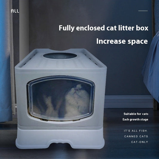 KFX-1658557 Fully Enclosed Plus-Sized Folding Cat Litter Box in Blue, Pink, or Gray - Durable ABS PP Material
