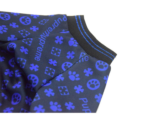 KFX-1664829 Casual Dog Clothes with Full Print Dog Paws - Polyester Outfit in Blue and Red, Sizes XS to 2XL