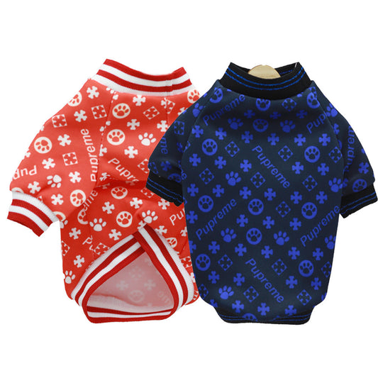 KFX-1664829 Casual Dog Clothes with Full Print Dog Paws - Polyester Outfit in Blue and Red, Sizes XS to 2XL
