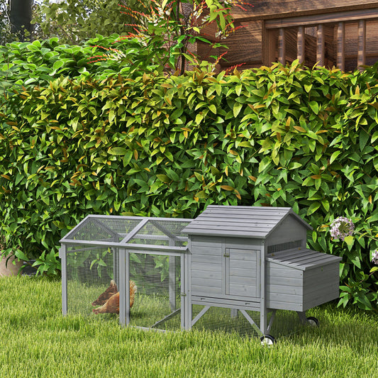 KFX-1702845 Portable 96.5" Wooden Chicken Coop with Nesting Box and Wheels for Outdoor Use, Gray