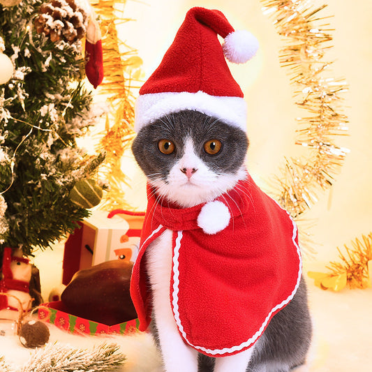 KFX-1703357 Pet Santa Cloak and Hat Set for Cats and Dogs - Red Polyester Costume for Christmas and Special Occasions