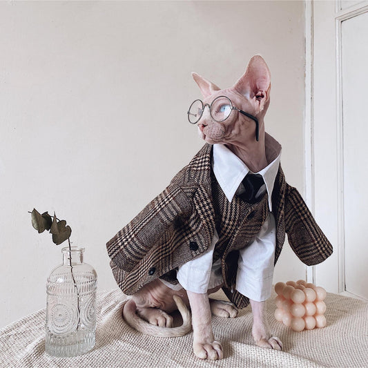 KFX-1720125 Sphinx Cat Outfit with Camel Plaid Jacket, Vest, and Shirts in Multiple Sizes
