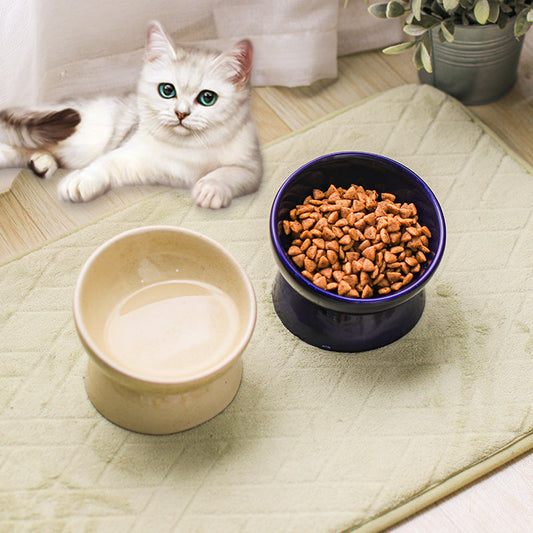 KFX-1737917 Ceramic Cat Bowl with Neck Guard - Available in Blue, Yellow Snowflakes, Beige Snowflakes, and Leopard Print