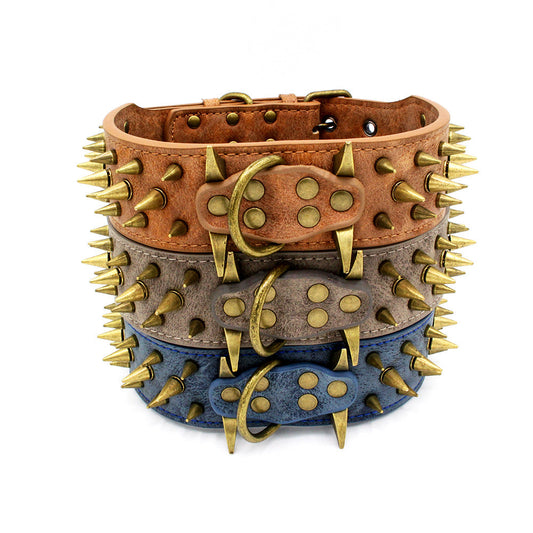 KFX-1793725 Durable PU Leather Dog Collar for Large Breeds - Adjustable Sizing in Brown, Dark Blue & Gray