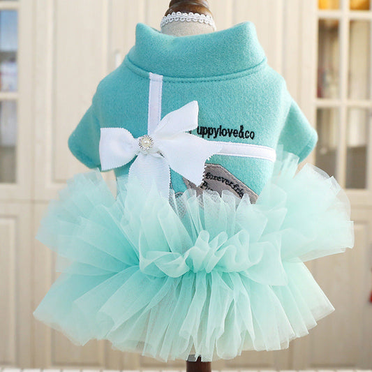 KFX-1805629 Lake Blue Princess Dress for Pets with White Bow - Gauze Skirt, Sizes XS to XL