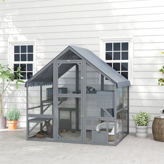KFX-1818813 Wooden Cat Enclosure with Waterproof Cover, 2 Condos, 4 Platforms, Gray