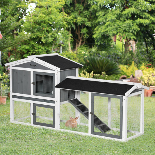KFX-1860925 Wooden Rabbit Hutch with Run, Tray, and Ramp for Small Pets in White